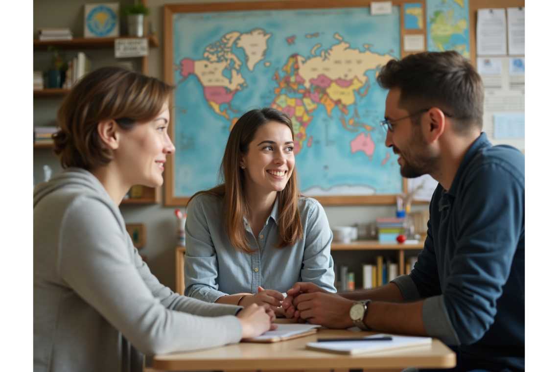 How to Automate Classroom Tasks with AI Tools: A Practical Guide for Teachers Three people engage in a lively discussion at a table, animatedly referencing "How to Automate Classroom Tasks with AI Tools: A Practical Guide for Teachers," with a world map providing an inspiring backdrop.