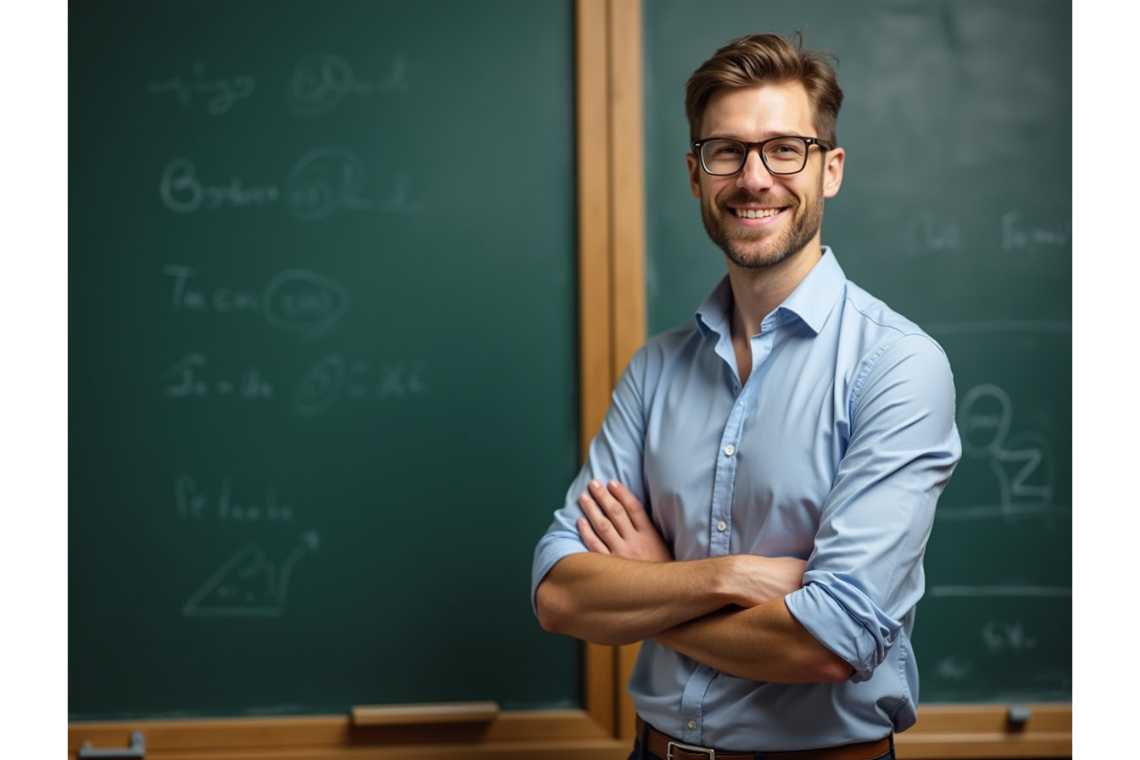 A smiling man with glasses and a light blue shirt stands confidently with arms crossed in front of a chalkboard full of diagrams, ready to share insights from "How to Automate Classroom Tasks with AI Tools: A Practical Guide for Teachers.