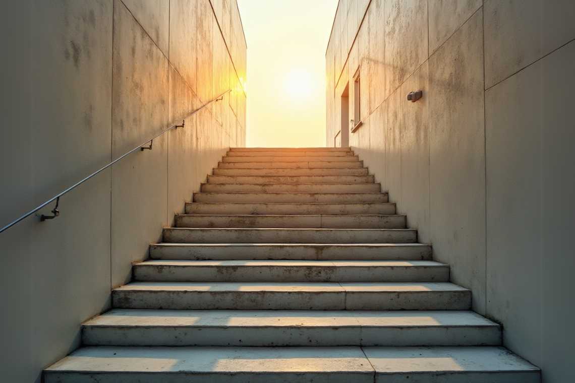 A concrete staircase leading upwards with sunlight glowing at the top, flanked by two walls with metal railings, invites a journey much like discovering how to automate classroom tasks with AI tools—a practical guide for teachers shedding new light on everyday challenges.