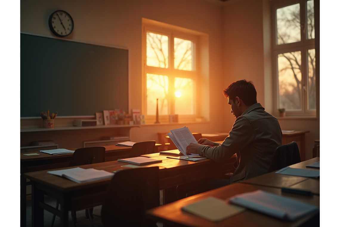 How to Automate Classroom Tasks with AI Tools: A Practical Guide for Teachers A person sits at a desk in a classroom, absorbed in "How to Automate Classroom Tasks with AI Tools: A Practical Guide for Teachers," as warm sunlight streams through the windows. A chalkboard and clock adorn the walls, creating an inspiring learning environment.