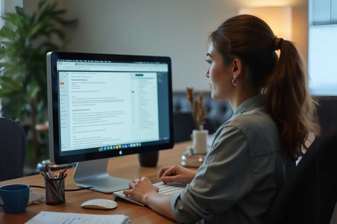 A woman with a ponytail working on a computer at a desk in an office, with documents and a plant nearby.