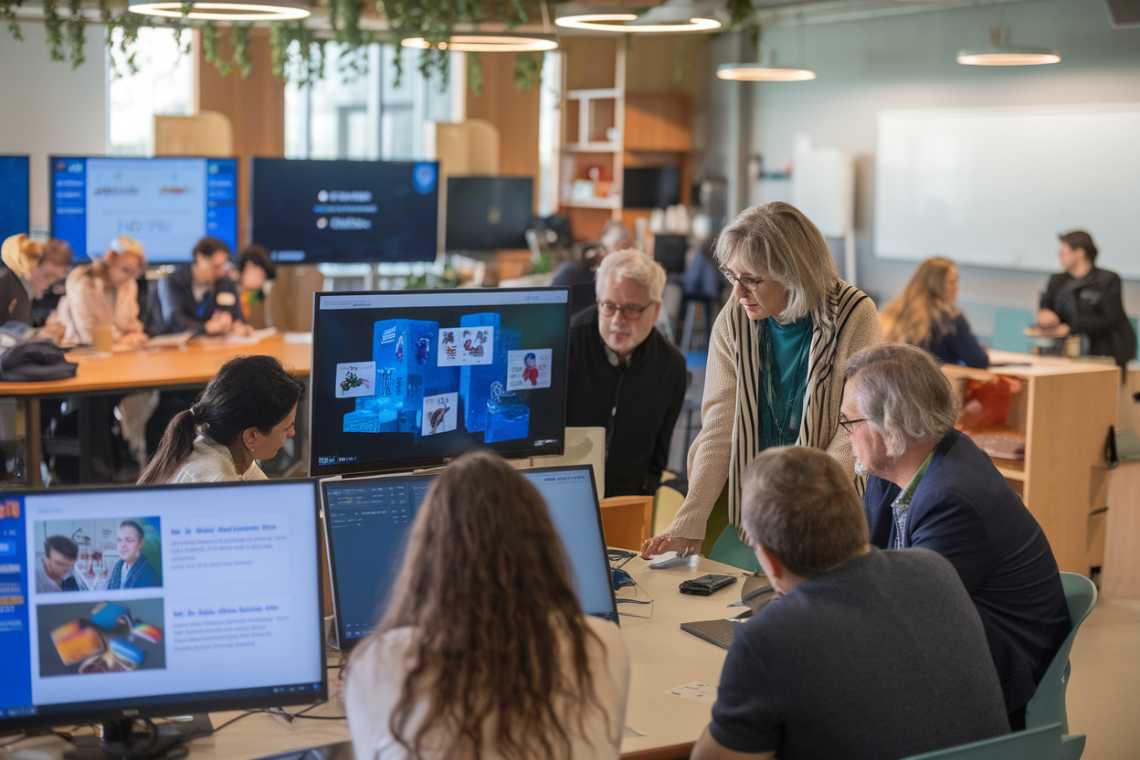 People in a modern classroom setting engage in collaborative work, with multiple screens displaying digital content around them.
