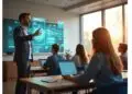 A man in a suit presents to a group of people seated with laptops in a classroom. A digital display with graphs and icons is projected on the wall. Sunlight streams through large windows.