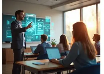 A man in a suit presents to a group of people seated with laptops in a classroom. A digital display with graphs and icons is projected on the wall. Sunlight streams through large windows.