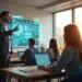 A man in a suit presents to a group of people seated with laptops in a classroom. A digital display with graphs and icons is projected on the wall. Sunlight streams through large windows.