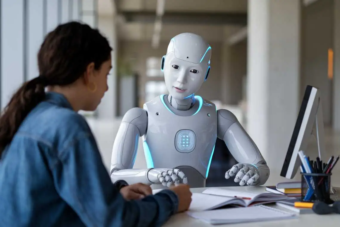A humanoid robot sits across from a woman at a desk, both engaging with open notebooks, in a modern office setting.