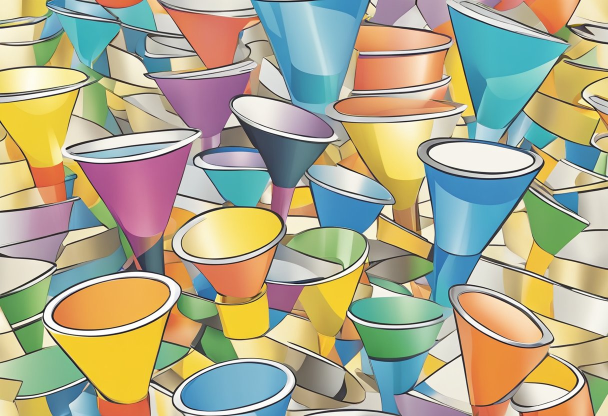 A diverse group of objects entering a funnel, each taking a unique path before emerging equally
