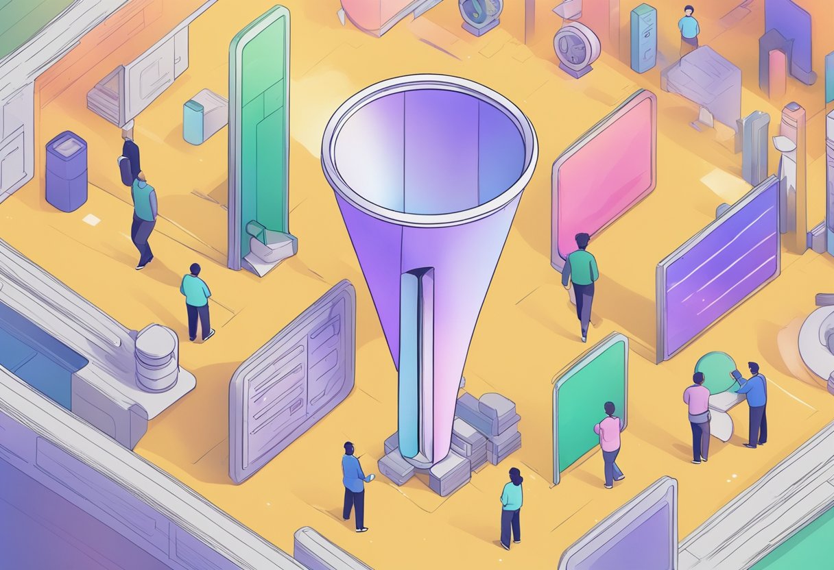 A diverse group of objects entering a funnel, with some objects being blocked while others pass through, representing the challenge of ensuring fairness in generative AI