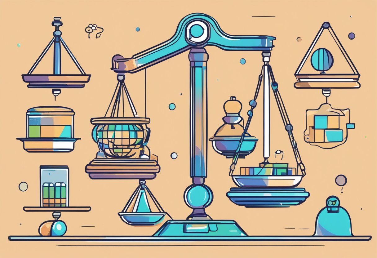 A scale balancing various objects, each representing different aspects of fairness and bias in generative AI