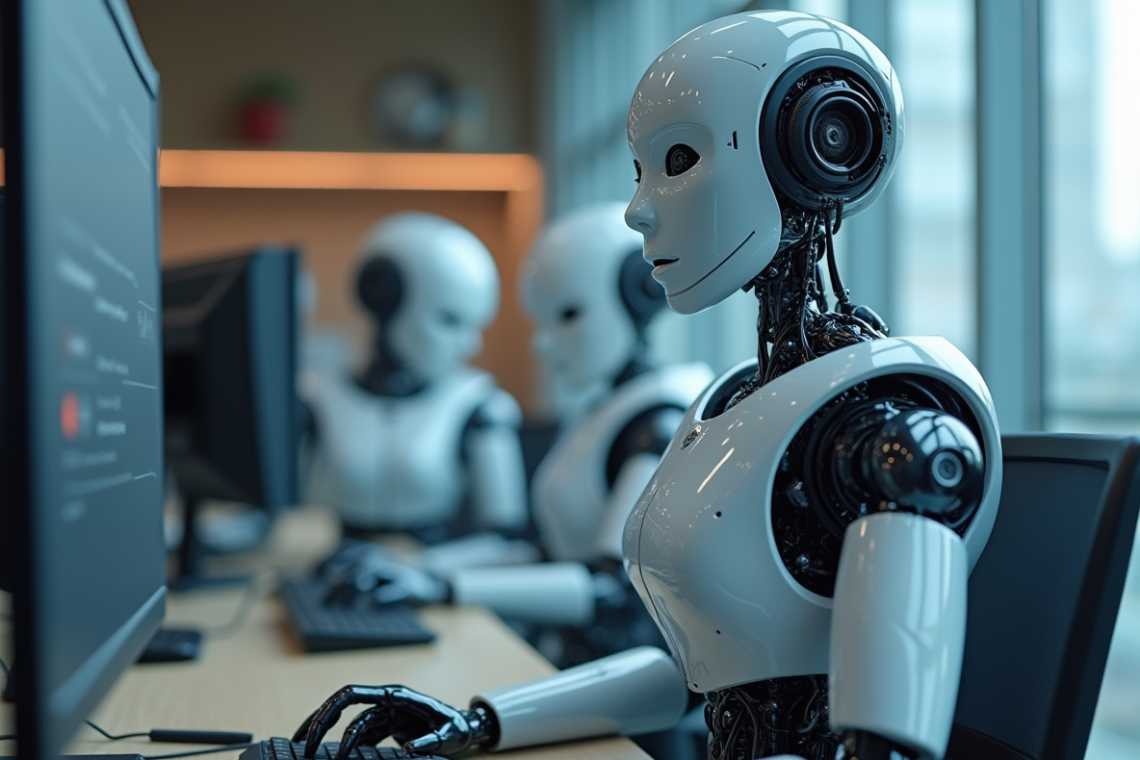 Three humanoid robots sit at desks using computers in a modern office setting.