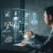 In a futuristic setting, a person interacts with a holographic interface showcasing a humanoid robot, data charts, and a digital identification screen—illustrating the seamless convergence of AI and future careers.