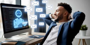 Man in a suit relaxes at his desk, smiling at a computer screen displaying a virtual assistant and email icons.
