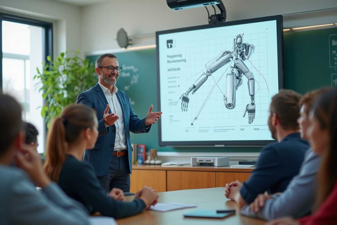 A man in a suit presents a diagram of a robotic figure to a group seated at a conference table in a modern office.