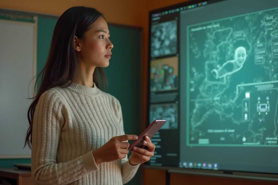 A woman holding a smartphone stands in front of a smart board displaying a digital map with technical diagrams in a classroom setting.