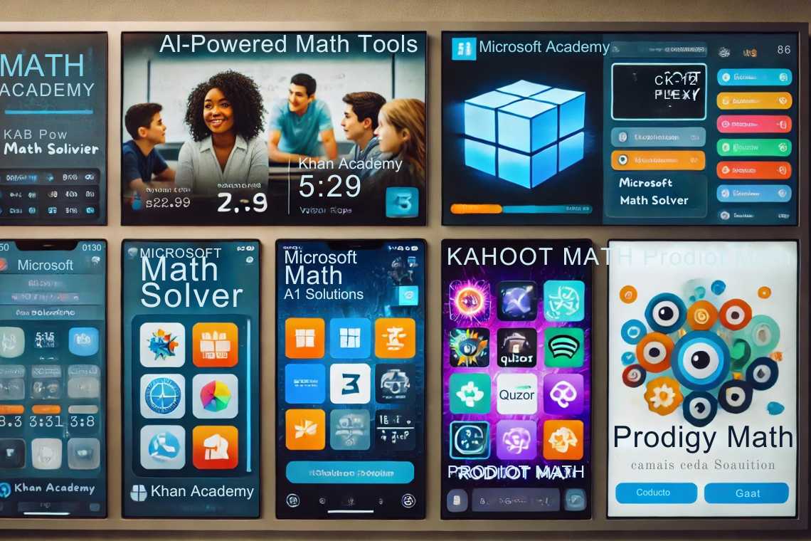 A variety of educational app interfaces are displayed on screens, featuring math tools and learning platforms like Khan Academy, Microsoft Math, and Prodigy Math.
