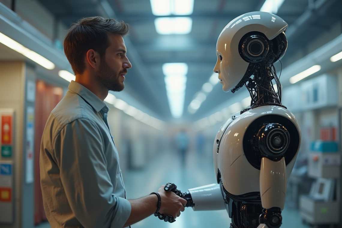 A man and a humanoid robot shake hands in a well-lit industrial hallway.