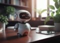 A small, smiling robot with antennae sits on a wooden desk near books and a tablet, with green plants in the background.