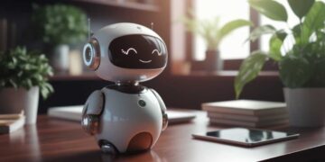 A small, smiling robot with antennae sits on a wooden desk near books and a tablet, with green plants in the background.