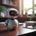 A small, smiling robot with antennae sits on a wooden desk near books and a tablet, with green plants in the background.