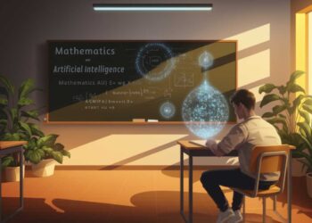 In a sunlit classroom, a student studies a holographic display where mathematical equations intertwine with artificial intelligence concepts. This scene exemplifies personalized math learning with AI, as sunlight streams through the window, illuminating the innovative approach.