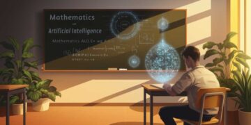 In a sunlit classroom, a student studies a holographic display where mathematical equations intertwine with artificial intelligence concepts. This scene exemplifies personalized math learning with AI, as sunlight streams through the window, illuminating the innovative approach.