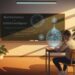 In a sunlit classroom, a student studies a holographic display where mathematical equations intertwine with artificial intelligence concepts. This scene exemplifies personalized math learning with AI, as sunlight streams through the window, illuminating the innovative approach.