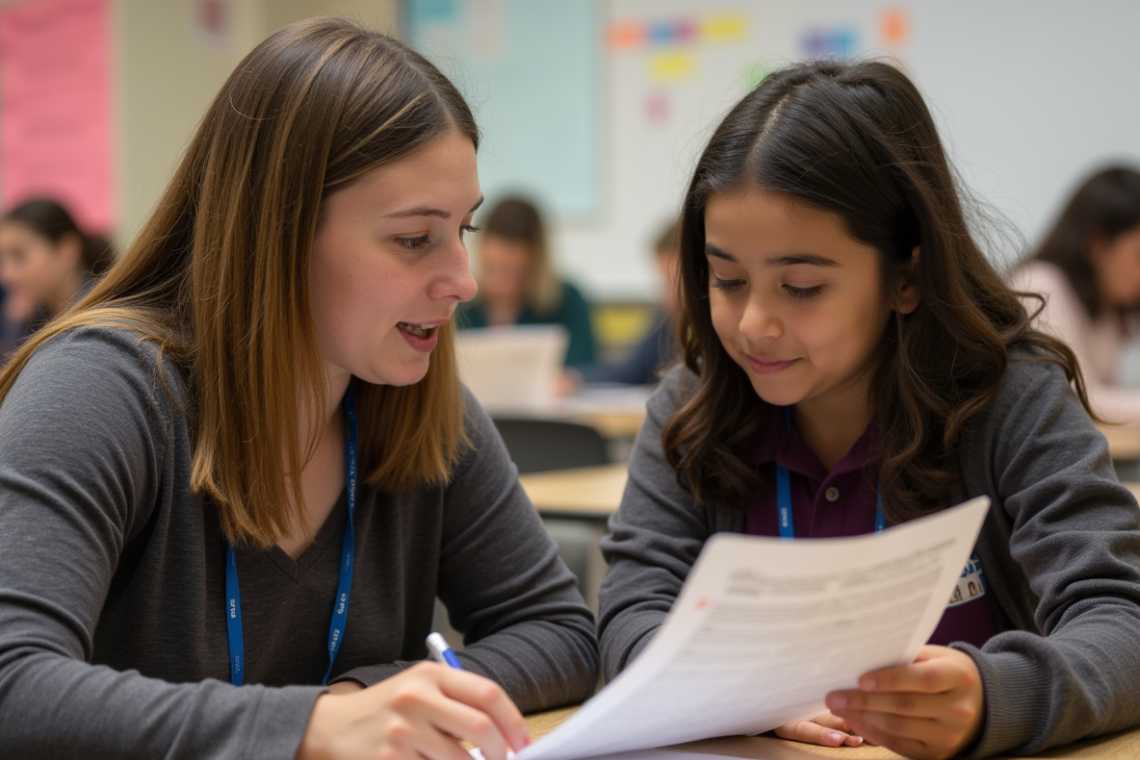 A teacher helps a student with her assignment in a classroom. Both are seated at a desk, focusing on a document. Other students are visible in the background.
