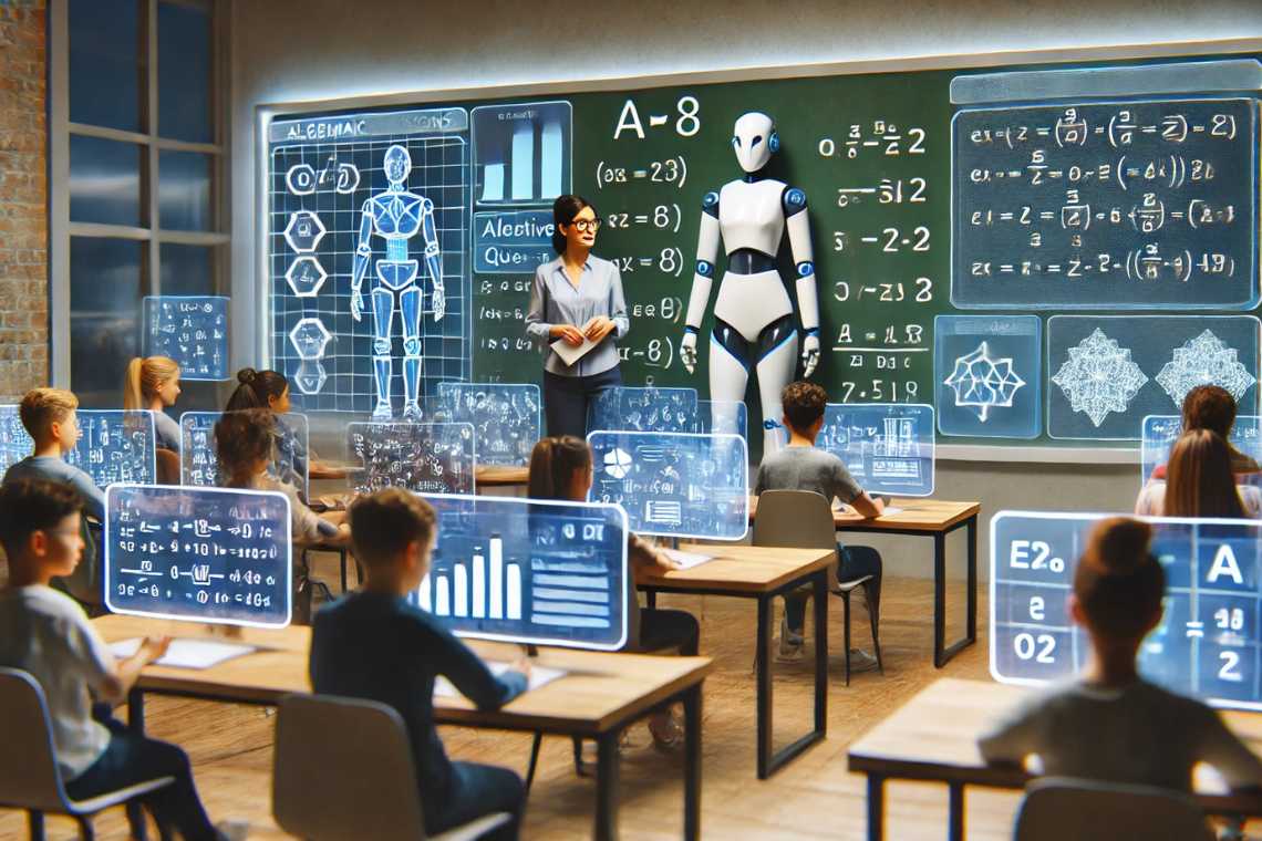 A futuristic classroom with students using digital interfaces. A teacher and a humanoid robot stand in front of holographic screens displaying complex equations and diagrams.