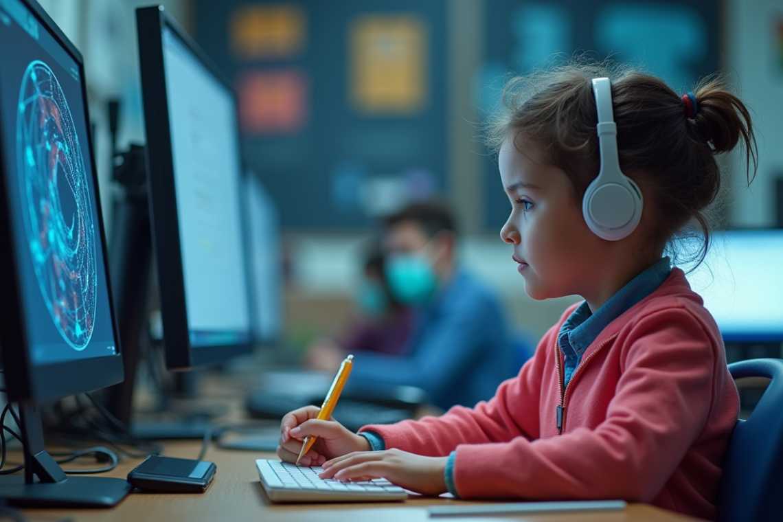 A young girl wearing headphones works on a computer, taking notes with a pencil. Several rows of computer monitors are visible in a classroom setting.