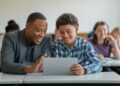 A teacher and student smile while looking at a tablet displaying an AI rubric generator in a classroom setting, with other students engaged in learning activities in the background.
