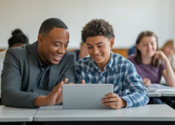 A teacher and student smile while looking at a tablet displaying an AI rubric generator in a classroom setting, with other students engaged in learning activities in the background.