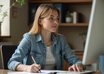 A person in a denim jacket works at a desk, writing in a notebook and looking at a computer screen.