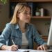 Perplexity AI for Education A person in a denim jacket works at a desk, writing in a notebook and looking at a computer screen.