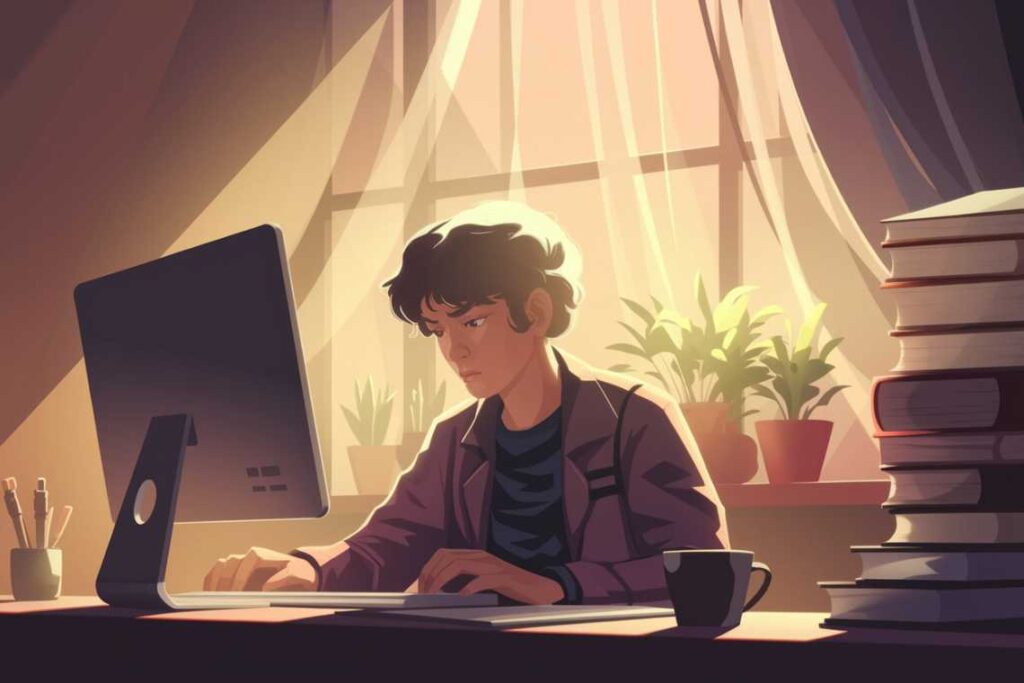 A person sits in front of a computer, concentrating, with light streaming through a window. Potted plants and stacks of books are on the desk, and a cup sits beside them.
