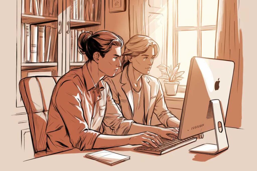 Two people focused on a computer screen in a warmly lit room with bookshelves and a window.